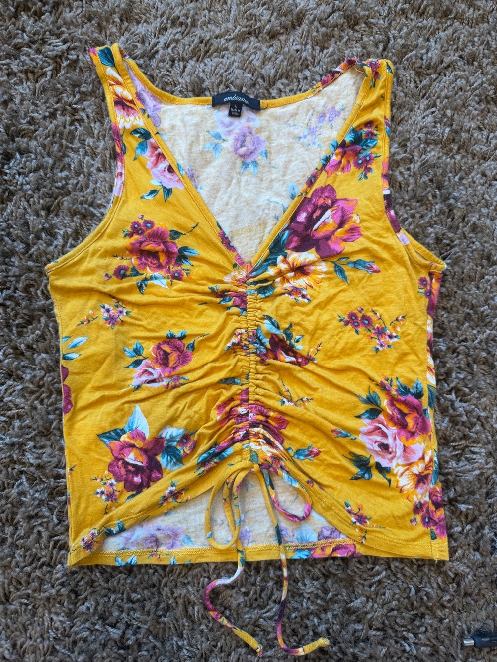 Ambiance Yellow Floral Ruched Tank Sz L